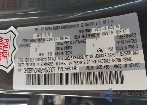 2025 Mazda Mazda3 2.5 S Preferred из США, поврежденный, VIN 3MZBPACM4SM458307